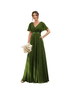 A-Line/Princess V Neck Flutter Sleeves Floor Length Bridesmaid Dresses Chiffon with Pockets Ruched — view 20