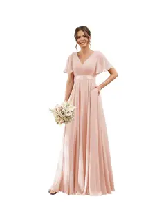 A-Line/Princess V Neck Flutter Sleeves Floor Length Bridesmaid Dresses Chiffon with Pockets Ruched — view 21