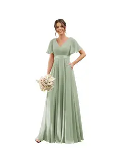 A-Line/Princess V Neck Flutter Sleeves Floor Length Bridesmaid Dresses Chiffon with Pockets Ruched — view 22