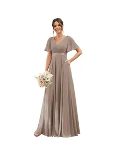 A-Line/Princess V Neck Flutter Sleeves Floor Length Bridesmaid Dresses Chiffon with Pockets Ruched — view 23