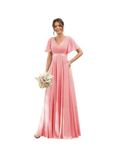 A-Line/Princess V Neck Flutter Sleeves Floor Length Bridesmaid Dresses Chiffon with Pockets Ruched — view 24