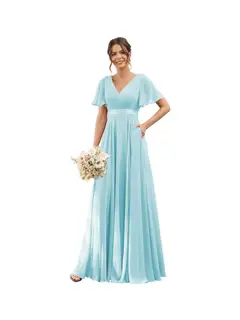 A-Line/Princess V Neck Flutter Sleeves Floor Length Bridesmaid Dresses Chiffon with Pockets Ruched — view 26