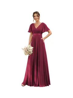 A-Line/Princess V Neck Flutter Sleeves Floor Length Bridesmaid Dresses Chiffon with Pockets Ruched — view 27