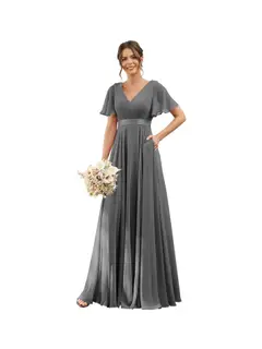 A-Line/Princess V Neck Flutter Sleeves Floor Length Bridesmaid Dresses Chiffon with Pockets Ruched — view 28