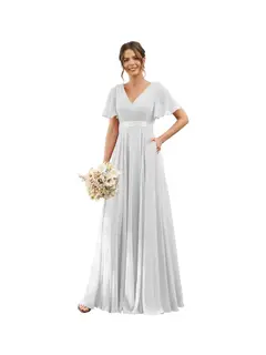 A-Line/Princess V Neck Flutter Sleeves Floor Length Bridesmaid Dresses Chiffon with Pockets Ruched — view 29