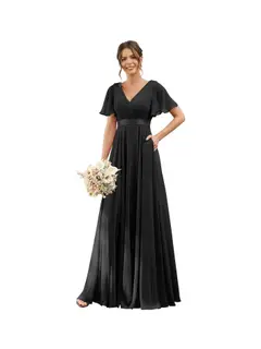 A-Line/Princess V Neck Flutter Sleeves Floor Length Bridesmaid Dresses Chiffon with Pockets Ruched — view 30