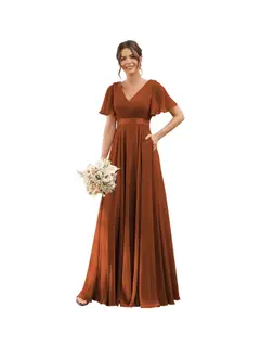 A-Line/Princess V Neck Flutter Sleeves Floor Length Bridesmaid Dresses Chiffon with Pockets Ruched — view 31