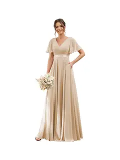 A-Line/Princess V Neck Flutter Sleeves Floor Length Bridesmaid Dresses Chiffon with Pockets Ruched — view 32