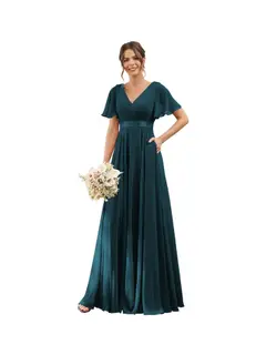 A-Line/Princess V Neck Flutter Sleeves Floor Length Bridesmaid Dresses Chiffon with Pockets Ruched — view 33