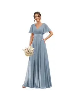 A-Line/Princess V Neck Flutter Sleeves Floor Length Bridesmaid Dresses Chiffon with Pockets Ruched — view 34