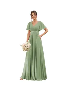 A-Line/Princess V Neck Flutter Sleeves Floor Length Bridesmaid Dresses Chiffon with Pockets Ruched — view 35