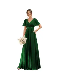 A-Line/Princess V Neck Flutter Sleeves Floor Length Bridesmaid Dresses Chiffon with Pockets Ruched — view 36
