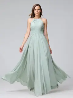 A-Line/Princess Halter Sleeveless Floor-Length Bridemaid Dresses with Ruffles — view 1