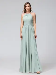 A-Line/Princess Halter Sleeveless Floor-Length Bridemaid Dresses with Ruffles — view 3