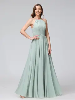 A-Line/Princess Halter Sleeveless Floor-Length Bridemaid Dresses with Ruffles — view 4