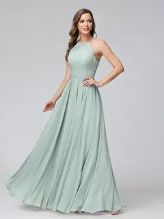 A-Line/Princess Halter Sleeveless Floor-Length Bridemaid Dresses with Ruffles — view 5
