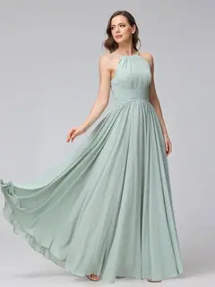 A-Line/Princess Halter Sleeveless Floor-Length Bridemaid Dresses with Ruffles — view 6