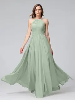 A-Line/Princess Halter Sleeveless Floor-Length Bridemaid Dresses with Ruffles — view 7