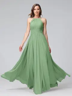 A-Line/Princess Halter Sleeveless Floor-Length Bridemaid Dresses with Ruffles — view 8