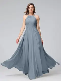 A-Line/Princess Halter Sleeveless Floor-Length Bridemaid Dresses with Ruffles — view 9