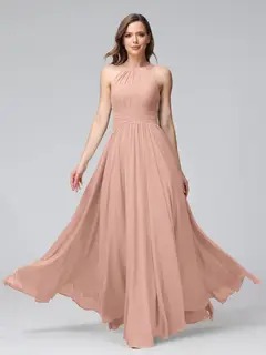 A-Line/Princess Halter Sleeveless Floor-Length Bridemaid Dresses with Ruffles — view 10