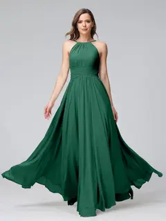 A-Line/Princess Halter Sleeveless Floor-Length Bridemaid Dresses with Ruffles — view 12