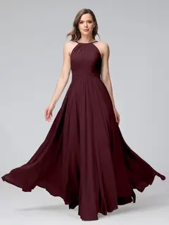 A-Line/Princess Halter Sleeveless Floor-Length Bridemaid Dresses with Ruffles — view 13