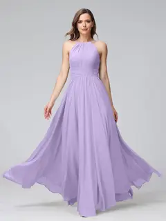A-Line/Princess Halter Sleeveless Floor-Length Bridemaid Dresses with Ruffles — view 15