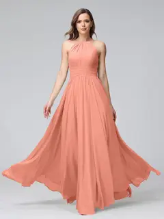 A-Line/Princess Halter Sleeveless Floor-Length Bridemaid Dresses with Ruffles — view 16
