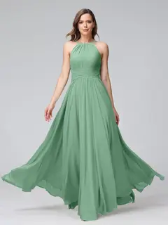 A-Line/Princess Halter Sleeveless Floor-Length Bridemaid Dresses with Ruffles — view 17
