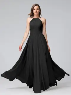 A-Line/Princess Halter Sleeveless Floor-Length Bridemaid Dresses with Ruffles — view 18
