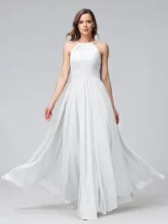 A-Line/Princess Halter Sleeveless Floor-Length Bridemaid Dresses with Ruffles — view 19