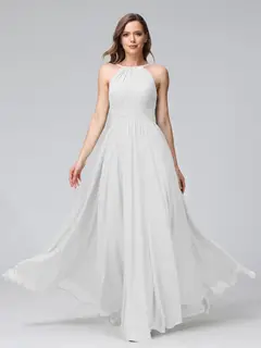 A-Line/Princess Halter Sleeveless Floor-Length Bridemaid Dresses with Ruffles — view 20