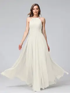 A-Line/Princess Halter Sleeveless Floor-Length Bridemaid Dresses with Ruffles — view 21