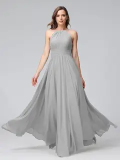 A-Line/Princess Halter Sleeveless Floor-Length Bridemaid Dresses with Ruffles — view 22
