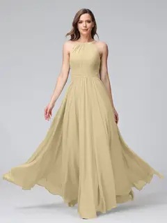 A-Line/Princess Halter Sleeveless Floor-Length Bridemaid Dresses with Ruffles — view 24