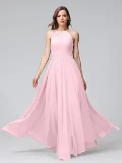 A-Line/Princess Halter Sleeveless Floor-Length Bridemaid Dresses with Ruffles — view 25