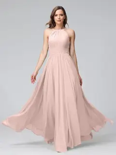 A-Line/Princess Halter Sleeveless Floor-Length Bridemaid Dresses with Ruffles — view 26