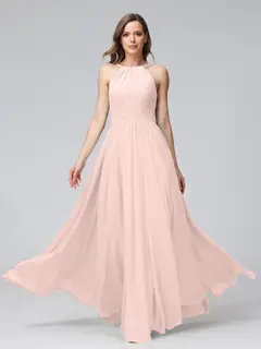 A-Line/Princess Halter Sleeveless Floor-Length Bridemaid Dresses with Ruffles — view 27