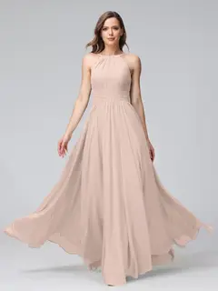 A-Line/Princess Halter Sleeveless Floor-Length Bridemaid Dresses with Ruffles — view 28