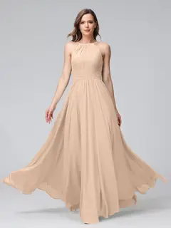 A-Line/Princess Halter Sleeveless Floor-Length Bridemaid Dresses with Ruffles — view 29