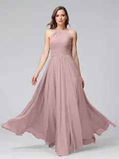 A-Line/Princess Halter Sleeveless Floor-Length Bridemaid Dresses with Ruffles — view 30