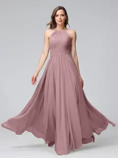 A-Line/Princess Halter Sleeveless Floor-Length Bridemaid Dresses with Ruffles — view 31