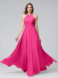 A-Line/Princess Halter Sleeveless Floor-Length Bridemaid Dresses with Ruffles — view 33