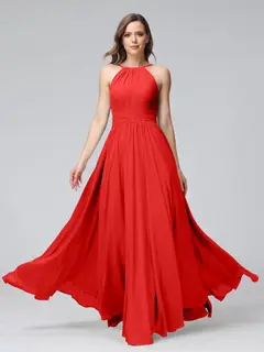 A-Line/Princess Halter Sleeveless Floor-Length Bridemaid Dresses with Ruffles — view 36