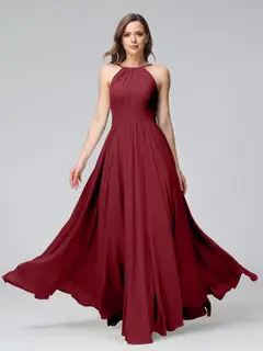 A-Line/Princess Halter Sleeveless Floor-Length Bridemaid Dresses with Ruffles — view 37