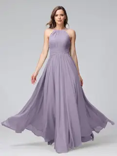 A-Line/Princess Halter Sleeveless Floor-Length Bridemaid Dresses with Ruffles — view 39