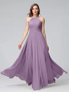 A-Line/Princess Halter Sleeveless Floor-Length Bridemaid Dresses with Ruffles — view 40