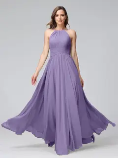 A-Line/Princess Halter Sleeveless Floor-Length Bridemaid Dresses with Ruffles — view 41