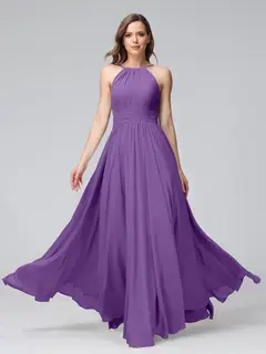 A-Line/Princess Halter Sleeveless Floor-Length Bridemaid Dresses with Ruffles — view 42